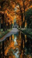 Autumn pathway lined with vibrant orange trees reflects in tranquil waters near a charming house photo