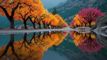 Vibrant autumn foliage reflecting in a serene body of water at a peaceful location in the mountains photo