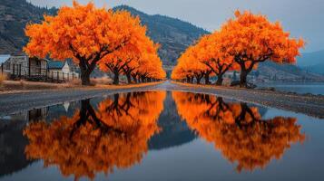 Vibrant autumn trees reflect in tranquil water along a scenic lakeside road in the early morning light photo