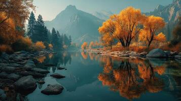 Colorful autumn landscape featuring a tranquil river surrounded by golden trees and mountains photo