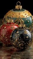 Colorful ornamental Christmas baubles decorated with intricate patterns and glimmers of light on a reflective surface photo