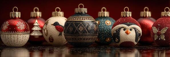 Colorful Christmas ornaments displayed on a reflective surface, showcasing intricate designs and festive themes during the holiday season photo