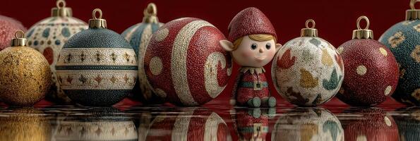Festive ornaments and a cheerful elf decorate a holiday setting with vibrant colors and textures in a cozy atmosphere photo