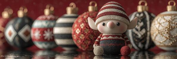 Holiday decoration featuring a cute elf and colorful ornaments set in a festive atmosphere during winter photo