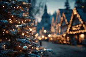 Twinkling lights and a decorated tree create a festive atmosphere in a charming winter village at dusk during the holiday season photo