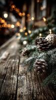 Decoration of pine cones and evergreen branches with warm lights for winter celebration in a cozy outdoor setting photo