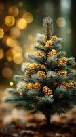 Decorative pine tree adorned with golden pine cones against a blurred, sparkling background during the holiday season photo