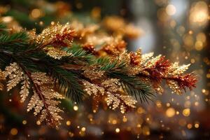 Gold and green pine branch adorned with sparkling decorations during winter festivities in a warm, inviting atmosphere photo