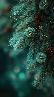 Decorative evergreen branches adorned with pine cones and glittering accents in a festive winter setting photo