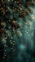 Branches with glowing lights create a magical atmosphere in a winter forest setting photo
