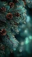 Pine branches adorned with cones and shimmering lights create a festive atmosphere photo