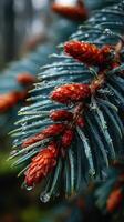 Close-up of fresh pine cones on branches glistening with rain droplets in a forest setting during early morning photo