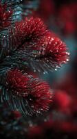 Close-up view of vibrant red pine cones adorned with dew droplets on lush green branches in a serene forest setting photo