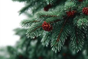 Frost-covered pine branch with pine cones during winter season in a serene landscape photo