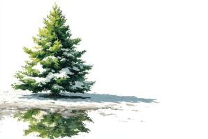 Evergreen tree with snow in winter landscape reflecting in water under clear sky photo