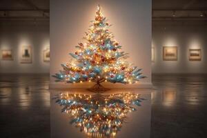 Festive blue and white decorated Christmas tree reflecting in an art gallery during the holiday season photo