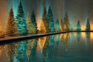 Reflective holiday trees illuminated by soft lights near a tranquil waterway during winter festivities photo