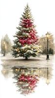 Decorated Christmas tree reflecting in a snowy city square at dusk photo