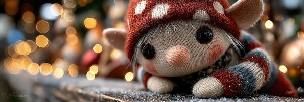 Cozy little elf resting on a wooden surface surrounded by festive lights during the holiday season photo