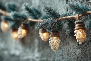 Decorative pine cone string lights create a warm atmosphere along a rustic wall in a cozy setting during the holiday season photo