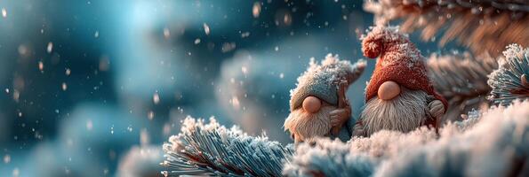 Two cheerful gnomes with snowy hats sit together on a frosty tree branch during wintertime in a serene forest setting photo