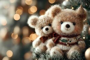 Soft teddy bears sit together on a decorated Christmas tree with warm lights in the background photo