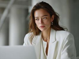 Young woman working on a laptop in a modern office space photo