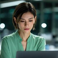 Focused professional working on a laptop in a modern office photo