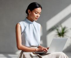 Woman working on laptop in modern office space photo