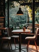 Cozy indoor cafe setting with warm light and greenery photo