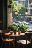 Cozy coffee shop corner with plants and soft lighting photo