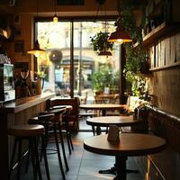 Cozy cafe interior with natural light and greenery photo