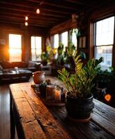 Bright sunset illuminates cozy indoor space with plants photo