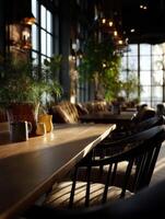 A table with chairs and plants in front of a window photo