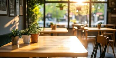 Cozy cafe interior with sunlight and plants during afternoon photo