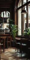 Cozy cafe atmosphere in urban setting with lush greenery photo