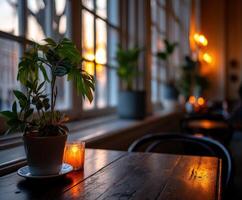 A table with a plant and candles sitting in front of a window photo