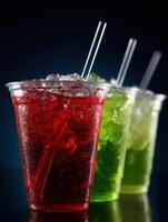 Refreshing colorful drinks served in transparent cups photo