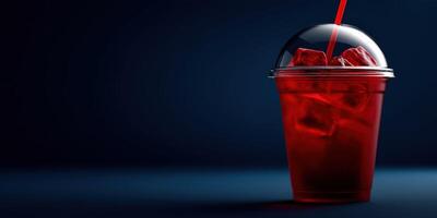 Refreshing red drink in clear cup with ice and straw photo