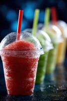Refreshing slushy drinks in clear cups with colorful straws photo