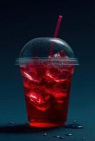 Refreshing red drink with ice in a transparent cup photo