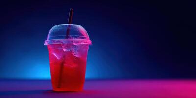 Refreshing beverage with ice in colorful lighting photo