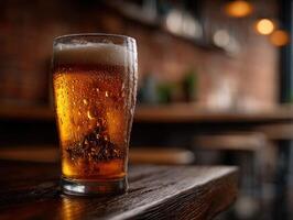 Refreshing drink in a cozy bar setting during evening photo