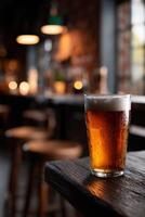 Refreshing beverage on wooden table in cozy bar atmosphere photo