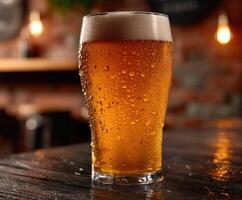 Refreshing cold beer served in a pub during the evening photo
