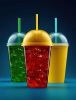 Colorful iced drinks in clear cups on a blue background photo