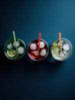Refreshing trio of colorful drinks with ice and citrus photo