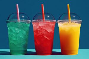 Colorful refreshment drinks served in clear cups on table photo