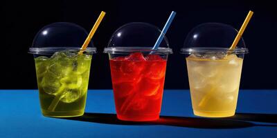 Colorful refreshing beverages in transparent cups on blue surface photo