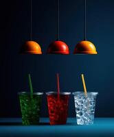 Colorful drinks under hanging lights create a vibrant atmosphere photo